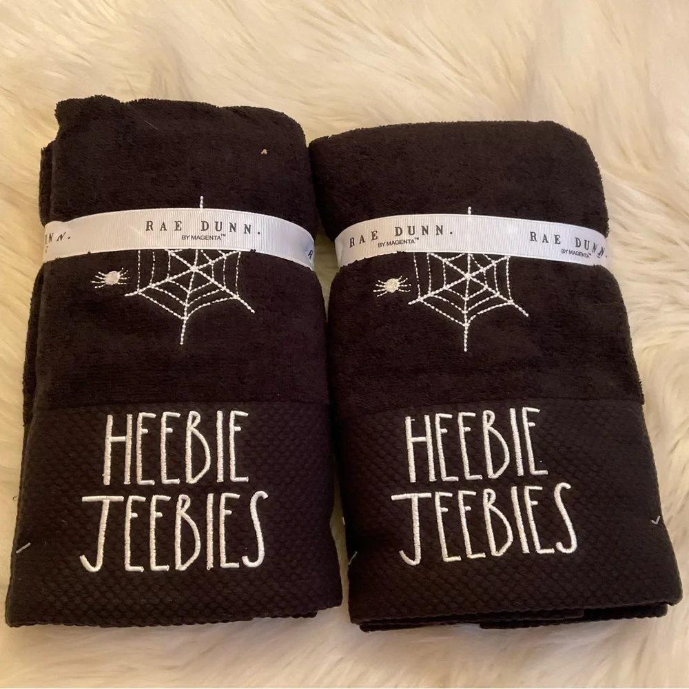 Rae Dunn Heebie Jeebies Hand Towels - NWT x2 Set / 4 Towels - Spiders Halloween